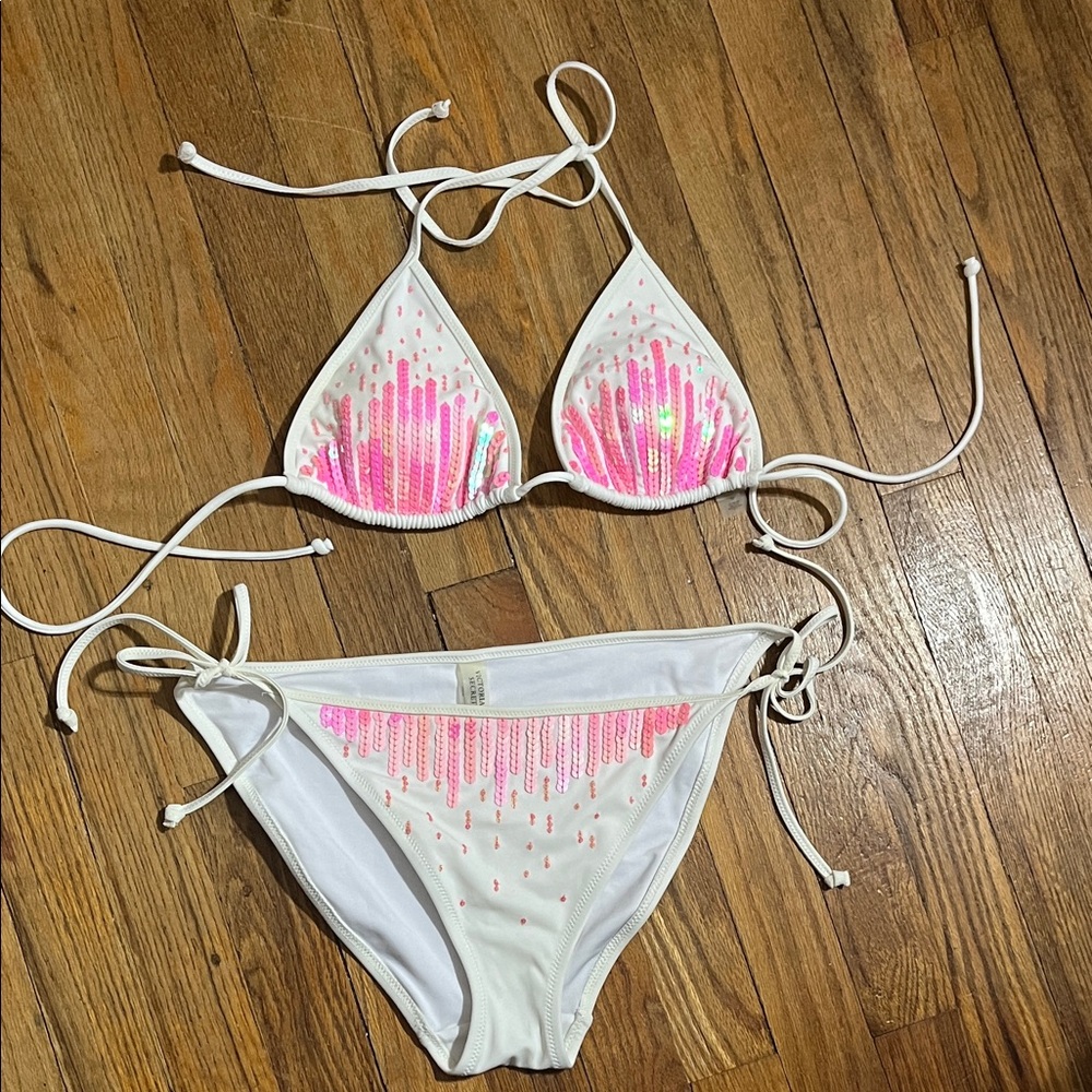 Victoria's Secret White Bikini with Pink Sequins M top L bottom